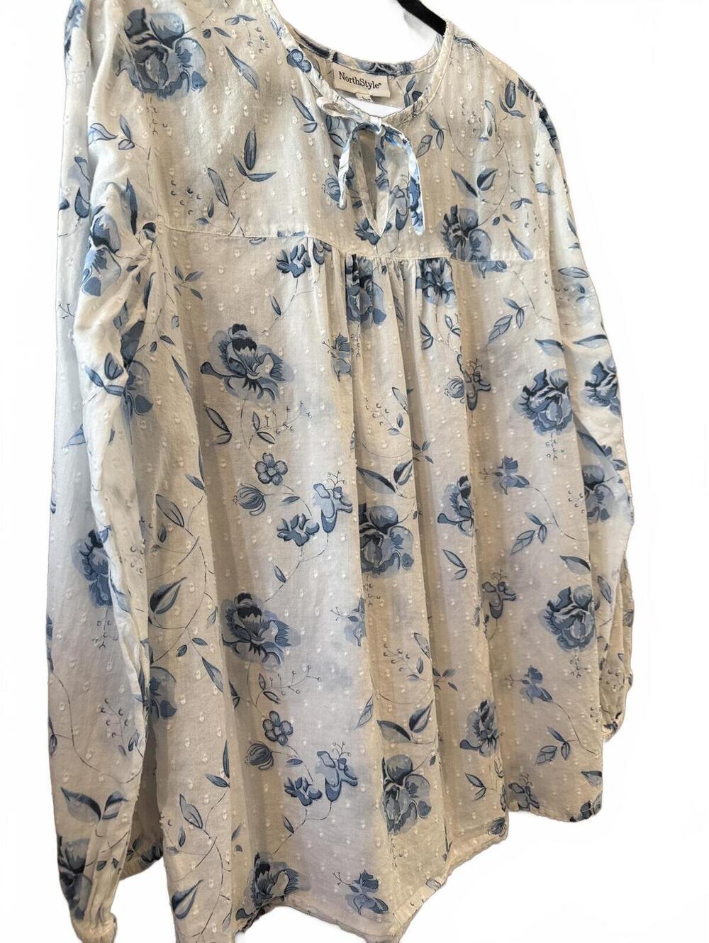 NorthStyle White and Blue Floral Long Sleeve Blouse, Size L - Picture 3 of 7